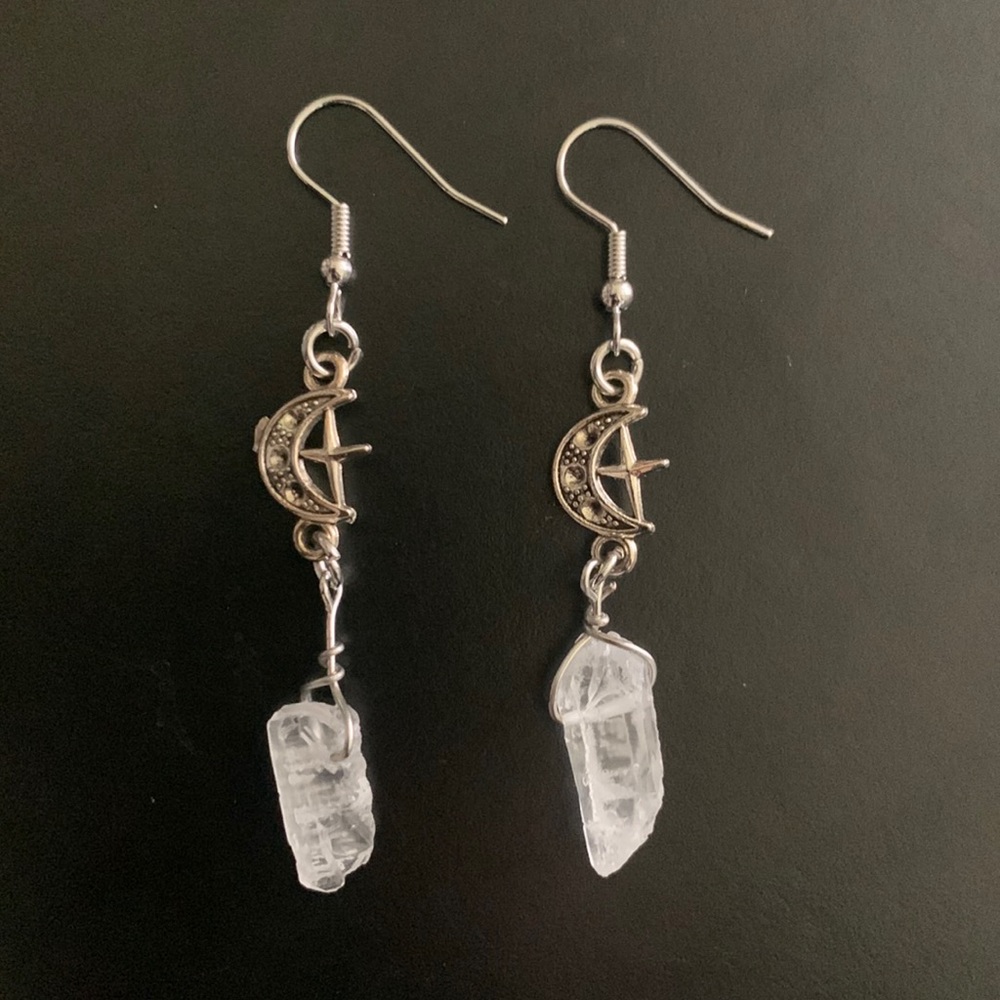 Witchy Boho Moon Earrings Hippie Crystal Look Cross Shepherds Hook Witch Fairy